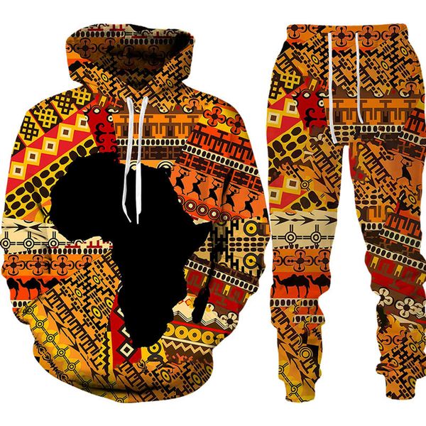 Folk Custom 3D baskı kapüşonlu pantolonlar erkekler kadın izleme 2pc setler uzun kollu etnik tarzı Afrikalı Danshiki Erkek Giysileri 220615
