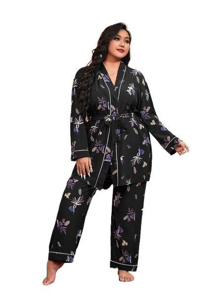 

plus bird & tropical print belted satin robe & pants pj set j6me#, Black;white