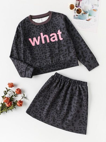 

girls letter & leopard print sweatshirt & skirt she, White