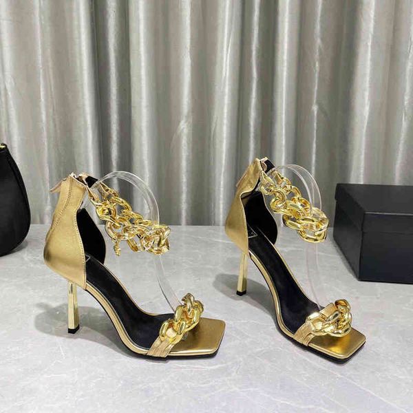 

sandals high heels women's thin summer one line belt metal chain back zipper mesh red fashion cool shoes nu21, Black