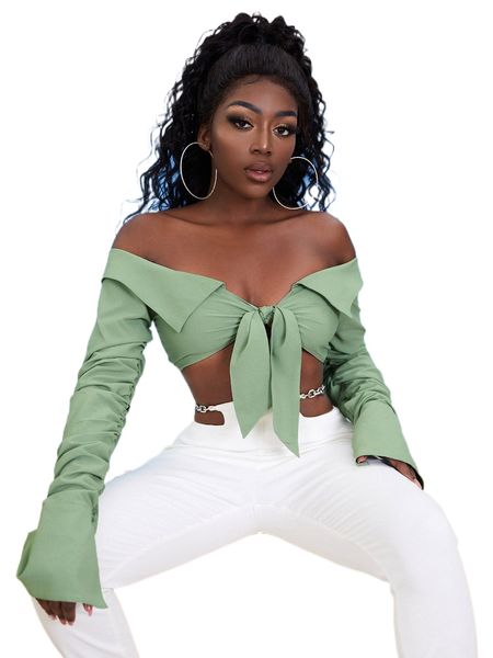 

sxy off shoulder ruched flounce sleeve knotted crop c3ye#, White