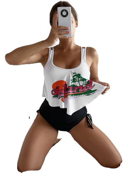 

l.etter graphic hanky hem bikini swimsuit 86jc#, White;black