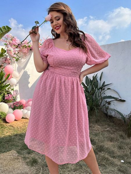 

plus swiss dot sweetheart neck puff sleeve tie back dress 16qp#, Black