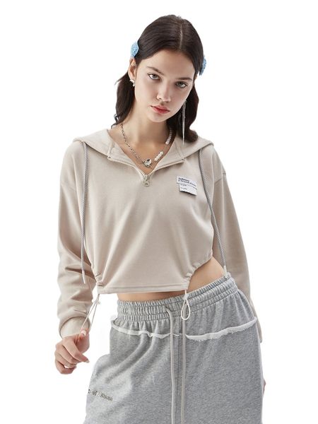 

letter patched half zip drawstring asymmetrical hem crop hoodie c2nm#, Black