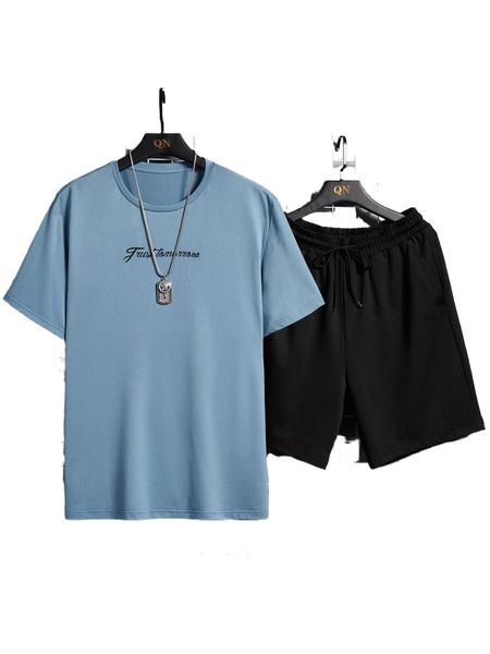 

men letter graphic tee & drawstring waist shorts o95j#, Gray