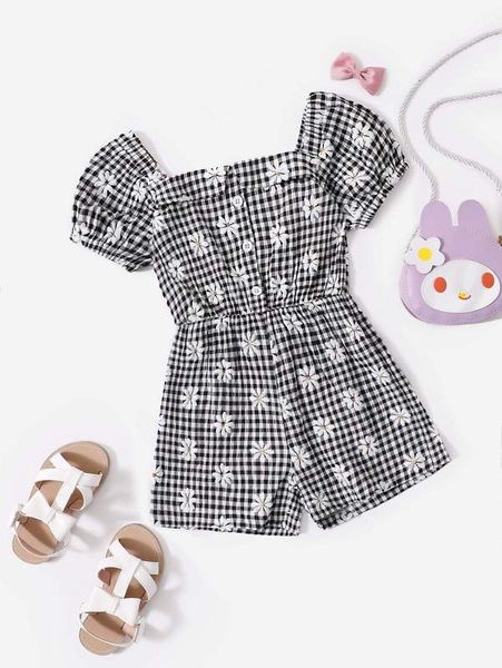 

toddler girls gingham & floral print puff sleeve romper she, Blue