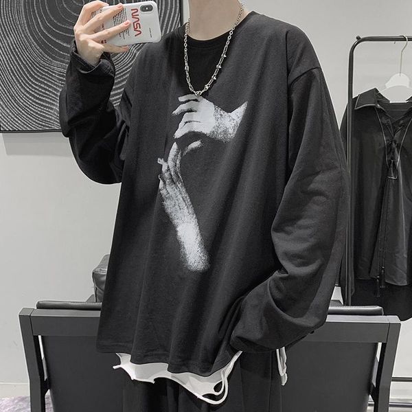 T-shirt da uomo 2022 T-shirt manica lunga primavera Moda allentata Ulzzang Stampa Top Hip Hop T-shirt oversize Abbigliamento uomo Abbigliamento stile coreano