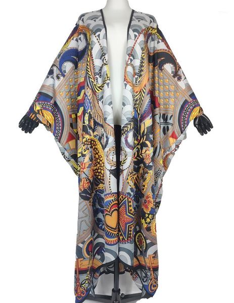 Abbigliamento etnico Spolverino da donna in seta stampata allentata americana Dashiki Lady africana Comodo cardigan lungo KImono per musulmani