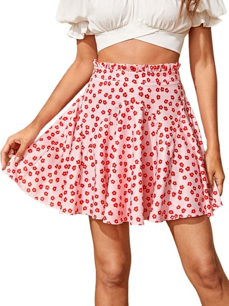 

frill trim ditsy floral skirt u1xl#, Black