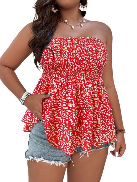 

plus allover print shirred peplum tube 26s0#, Black