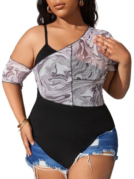 

sxy plus marble print asymmetrical neck crop & one shoulder w1g5#, Black