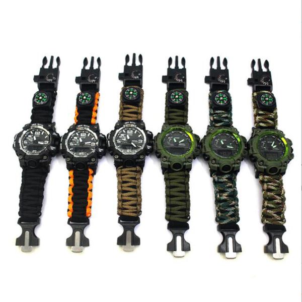 EM-277 Digitale Herren-Armbanduhr für den Außenbereich, multifunktional, Notfall, Überleben, Pfeife, Taschenlampe, Laser, Kompass, Bergsteiger-Armbanduhren mit geflochtenem Paracord