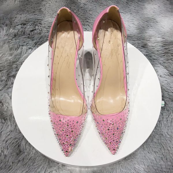 

brand design women's shoes transparent fancy colors diamond leather pink transparent elegant wedding banquet high heels withbox, Black