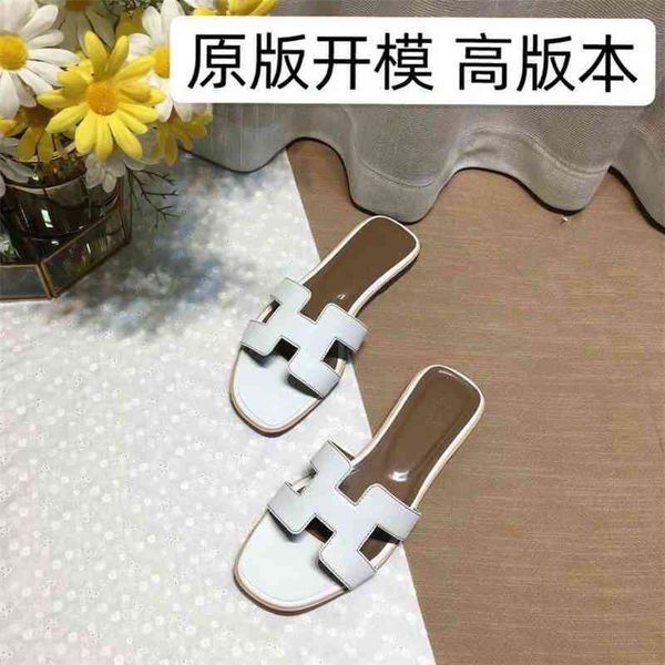 

designer slippers slides herme h family's new korean 2022 versatile beach leather wear high version sandals outside lovers gj7t, Black