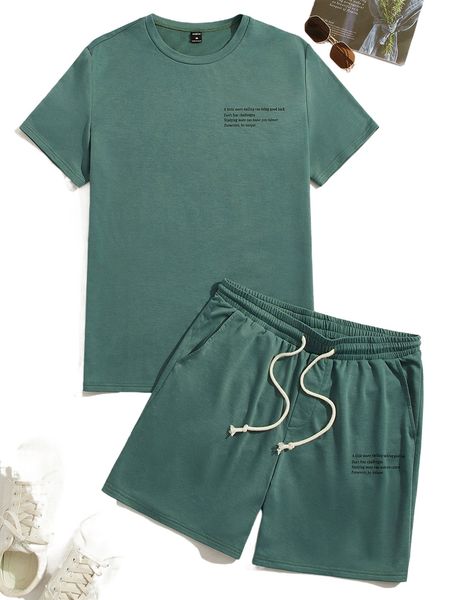 

men slogan graphic tee & drawstring waist shorts 29t1#, Gray