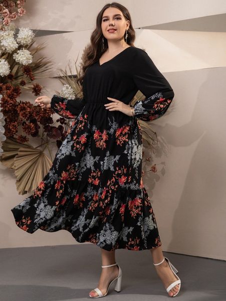 

plus floral print lantern sleeve ruffle hem dress 121l#, Black