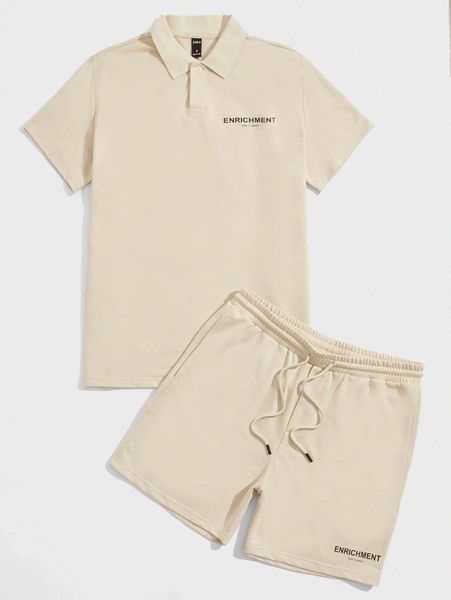 

men letter graphic polo shirt and track shorts set o8bm#, Gray