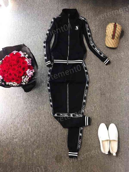 

womens two piece pants fashion brand stand-up collar zip cardigan jacket with lettering logo pencil pants 2 piece sets luxury designer track, White