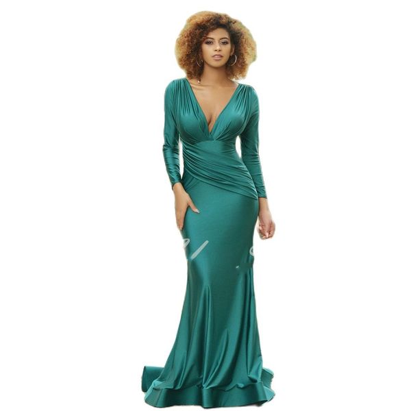 

mermaid evening party dresses 2022 v-neck long sleeves prom gowns draped floor length satin vestidos de noche, Black;red