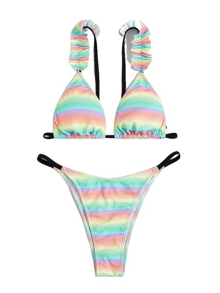 

ombre frill trim triangle bikini swimsuit y6so#, White;black
