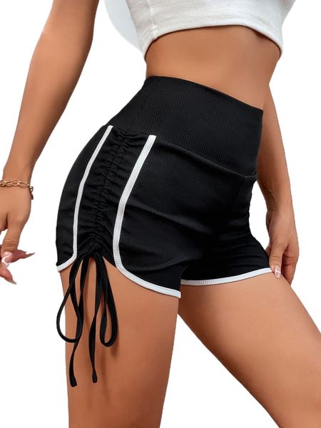 

contrast binding drawstring side biker shorts b6eh#, White;black