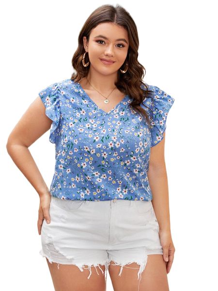 

plus allover floral print ruffle trim blouse w348#, Black