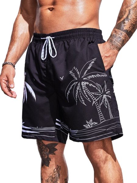 

men coconut tree print drawstring waist swim trunks l7os#, White;black