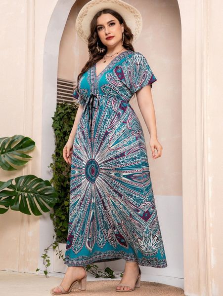 

plus geo & paisley print knot waist maxi dress 65ng#, Black