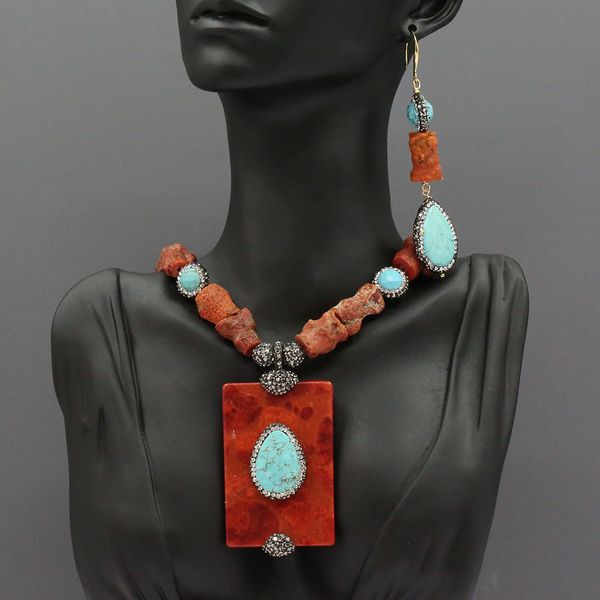 

natural red coral branch blue turquoise cz pave necklace pendant earrings sets handmade for women, Silver