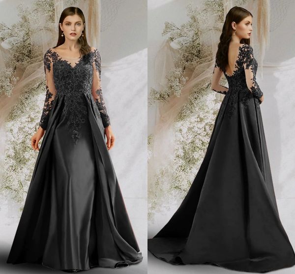

new black a-line backless evening dresses long sleeve sweep train satin with appliques prom dress formal party wear robe de soriee 2022, Black;red