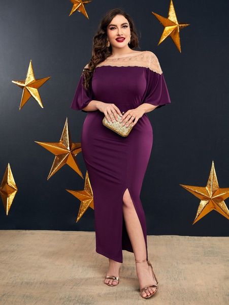 

plus embroidery mesh split hem dress h3dw#, Black