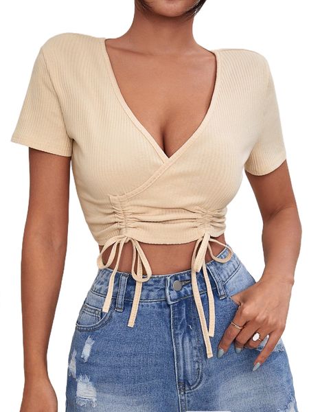 

d.rawstring hem r.uched v. n.eck t.-shirt a3vn#, White