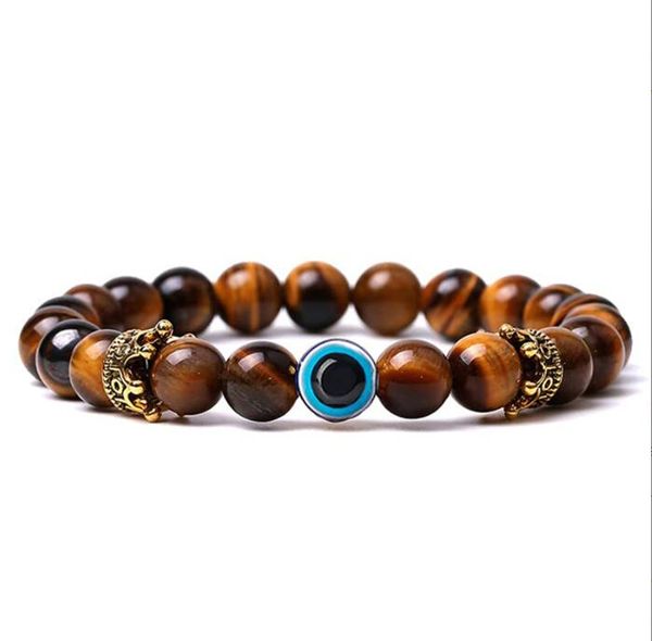 Evil Eye Pietra naturale Fili di perline Bracciale Designer Gioielli Corona d'oro Turchese bianco Occhi di tigre Ematite Per uomo Donna Amanti Braccialetti con corda elastica 12 colori