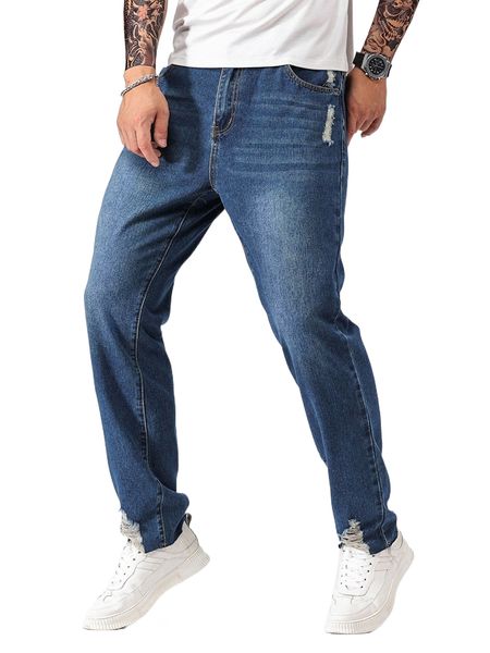 

men bleach wash ripped frayed straight leg jeans t8co#, Blue