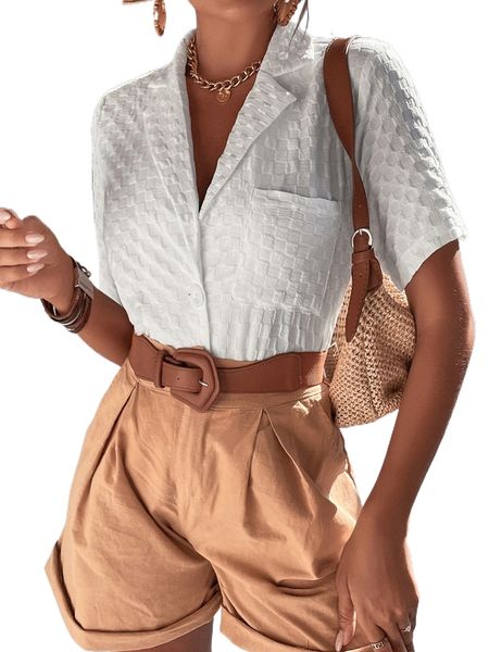 

textured lapel neck pocket patched blouse d6to#, White