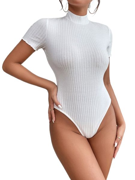 

petite mock neck lettuce trim ribbed knit tee bodysuit b8vp#, White