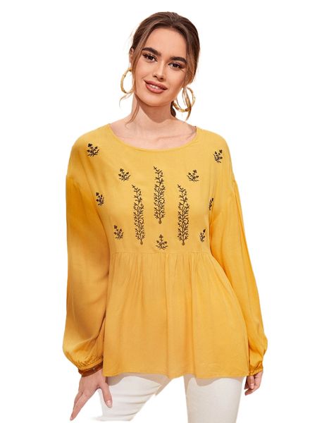 

floral embroidery lantern sleeve peplum blouse p3un#, White