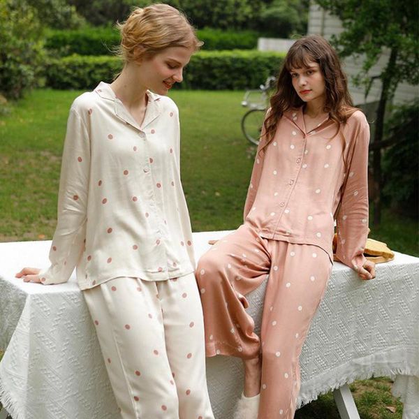 

2021 nieuwe vrouwen lounge wear casual viscose 2 ks pyjama set zachte shirt & broek lingerie losse print dot pyjama thuis kleding l220803, Black;red