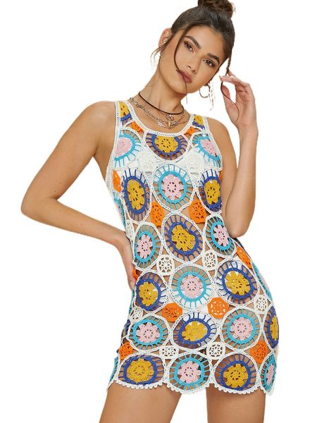 

floral pattern open knit cover up dress without underwear k8sc#, White;black