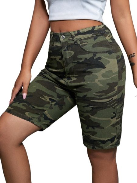 

high waist camo print denim shorts s6ux#, White;black