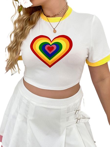 

plus heart print contrast trim crop tee 399w#, Black