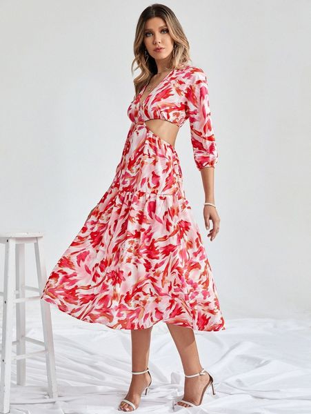 

brush stroke print cut-out lantern sleeve dress z2cw#, Black;gray