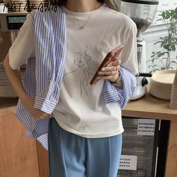 

tshirt women summer loose casual woman tshirts round neck sketch printing t shirts shortsleeved 210506, White