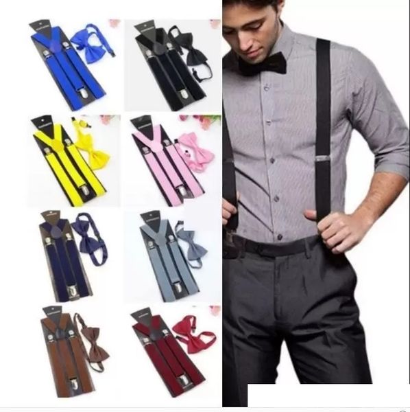 

new 3 clips suspenders clip-on y back elastic with bow tie set adjustable braces christmas wedding gift full color, Black;white