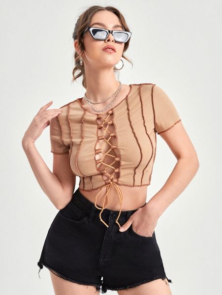 

lace up seam crop tee 92pw#, White