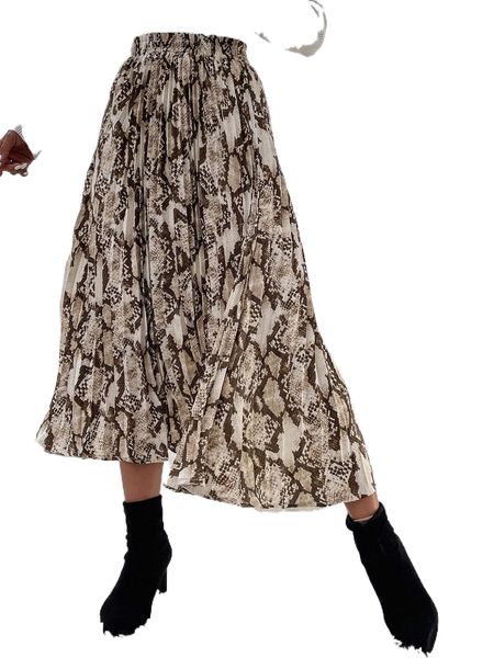 

snakeskin print pleated satin skirt k0f1#, Black