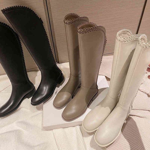 

boots lace high tube knight boots winter simple round head flat heel korean version embroidered back zipper women go9n, Black