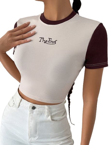 

contrast neck and sleeve slogan embroidery 05vs#, White