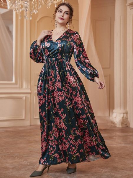 

plus floral print lantern sleeve split hem satin prom dress s5rz#, Black