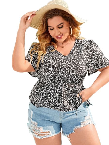 

plus ditsy floral puff sleeve blouse k0qz#, Black